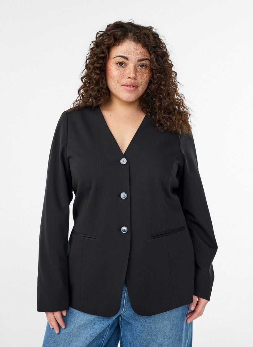 Blazer met V-hals en knoopsluiting, Zwart, Model image number 0