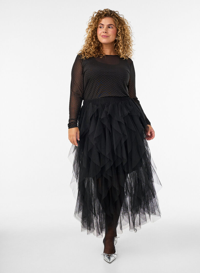 Midirok van tule met elastische tailleband, Zwart, Model image number 0