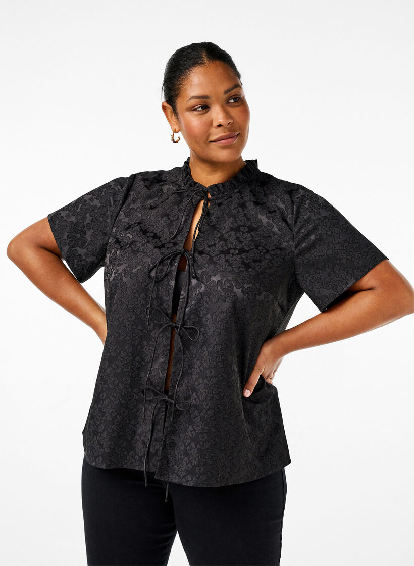 Jacquard blouse met korte mouwen en strikjes, Zwart, Model image number 0