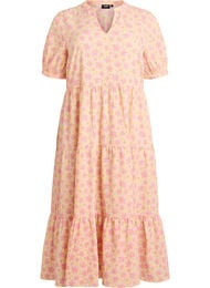 Enkellange jurk met korte mouwen en gelaagde ruches, Geel