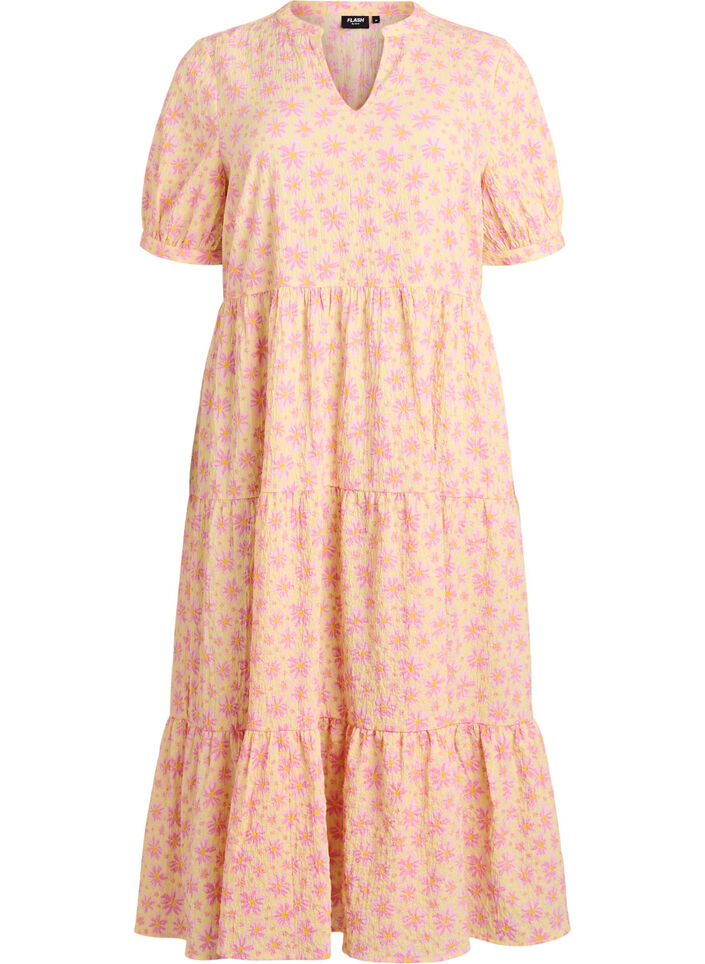 Enkellange jurk met korte mouwen en gelaagde ruches, Geel, Packshot image number 0