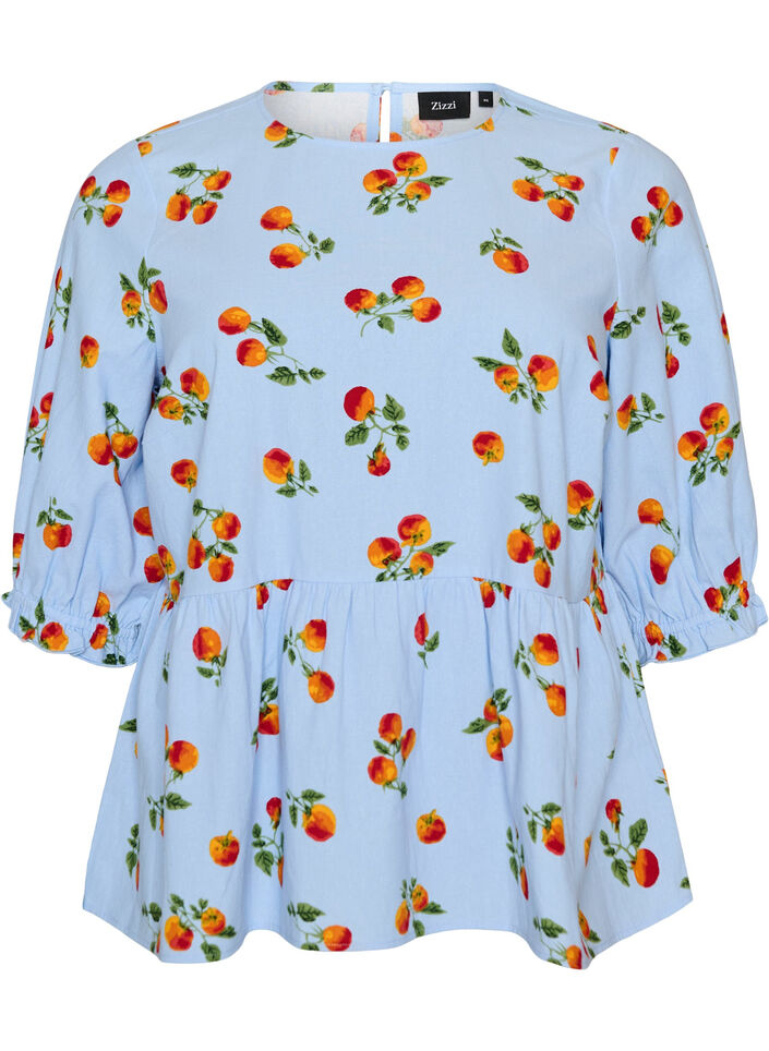 Katoenen blouse met tomatenprint en peplum, Blauw, Packshot image number 0