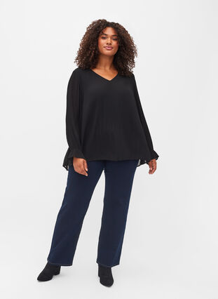 Geplooide blouse met v-hals, Black, Model image number 2