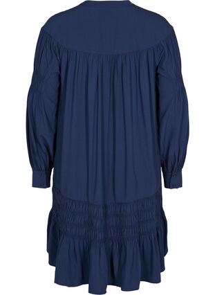 Viscose jurk met lange mouwen en smokdetails, Navy Blazer, Packshot image number 1