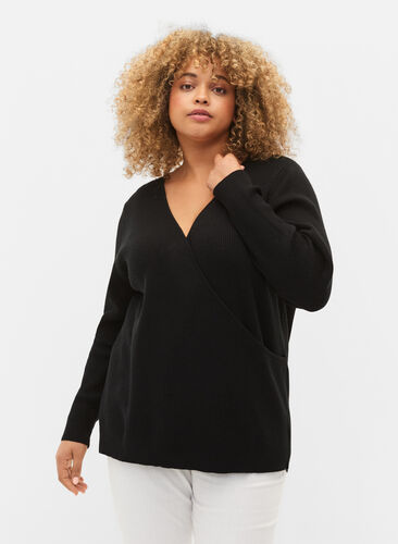 Gebreide blouse met overslag, Black, Model image number 0