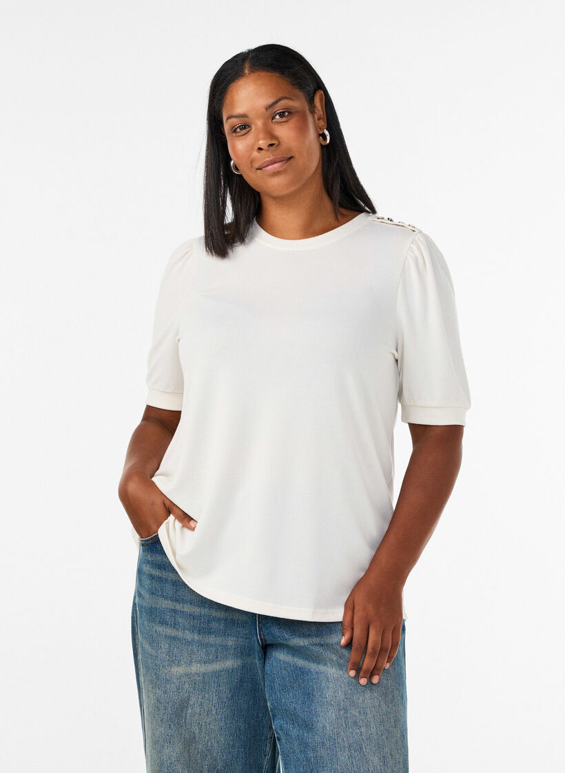 Blouse met knoopdetail en korte pofmouwen, Beige, Model image number 0