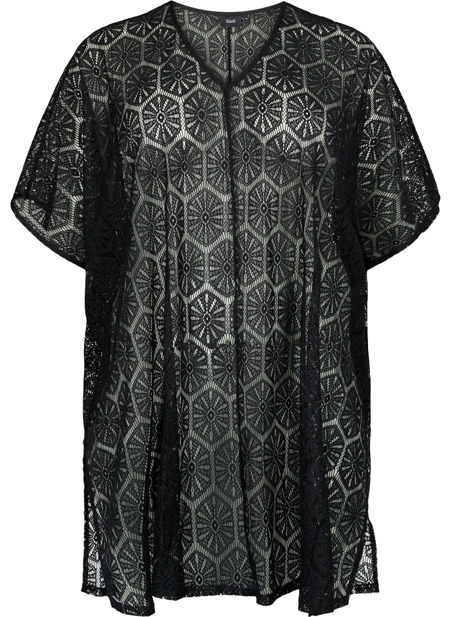 Zizzi Kaftan strandjurk met gaatjespatroon, Black, Packshot image number 0