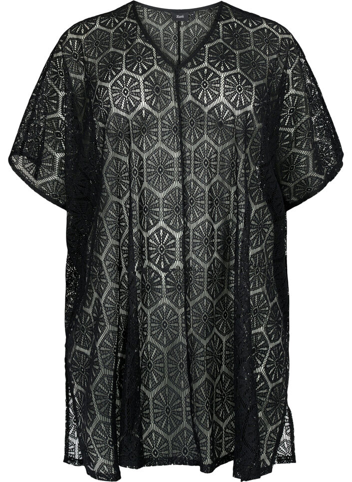 Kaftan strandjurk met gaatjespatroon, Black, Packshot image number 0