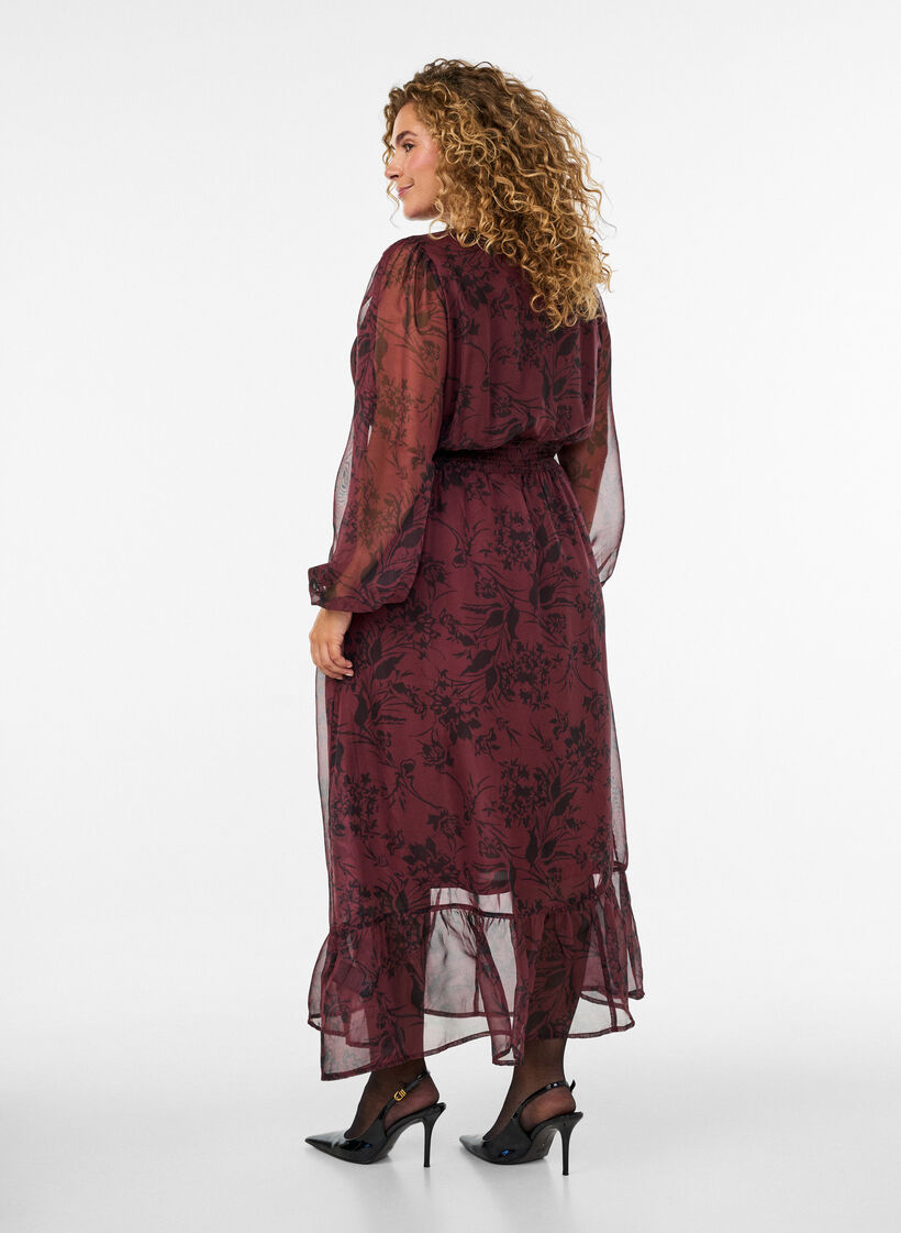 Maxi-jurk met bloemenprint en smokwerk, Donker Bordeaux, Model image number 1