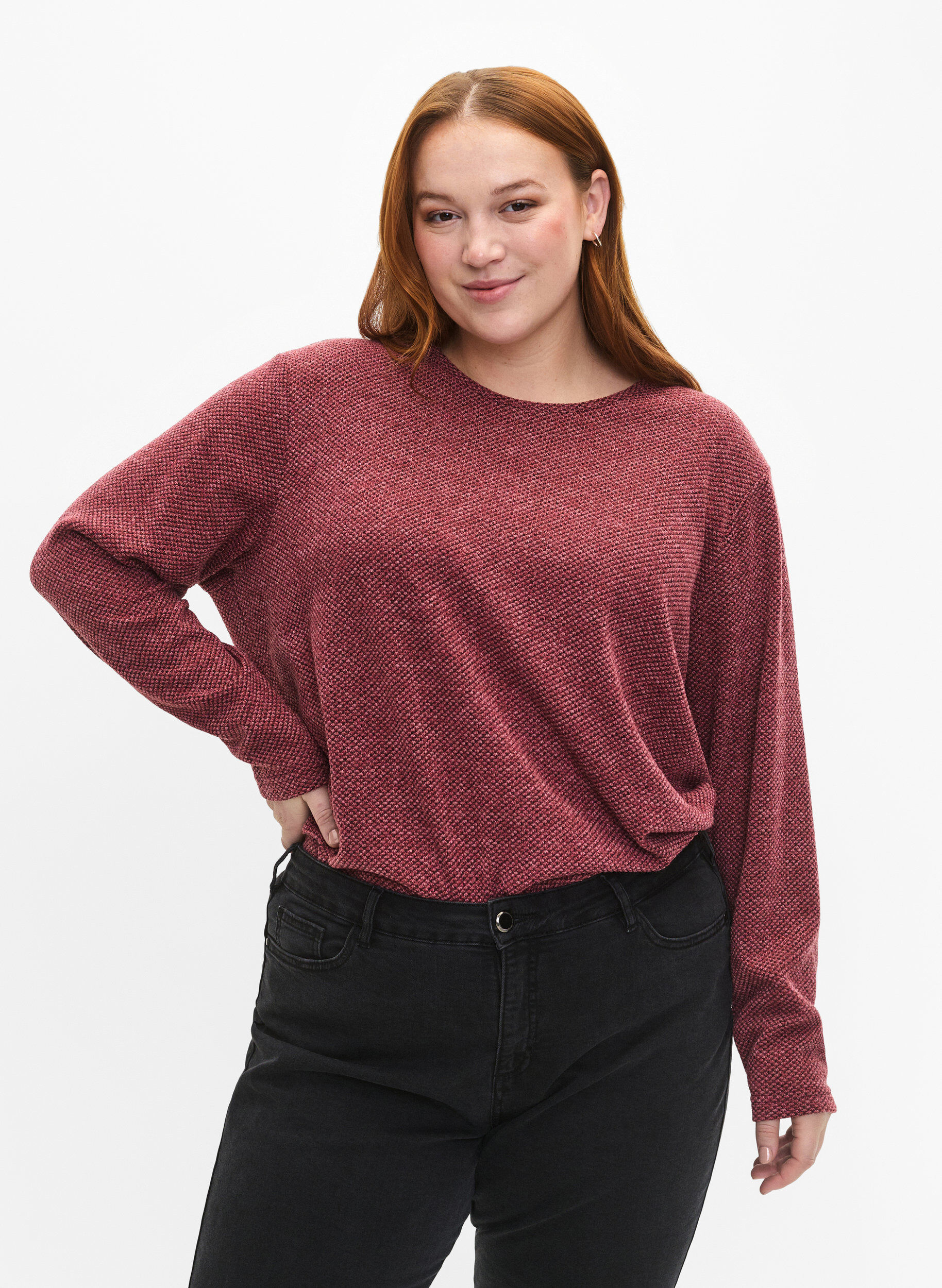 Zizzi Melange Blouse met een rond halsje en lange mouw, Dry Rose, Model image number 0
