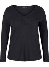Katoenen blouse met geribde v-hals en kreukeleffect, Black