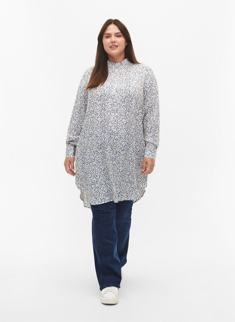 Gestippelde viscose jurk met knopen, Blue Dot AOP, Model image number 2