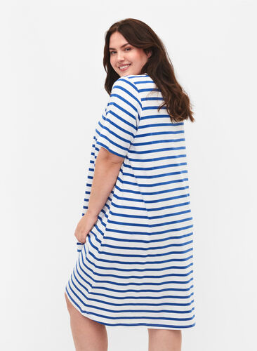 Gestreepte jersey jurk met korte mouwen, Blue Stripes, Model image number 1