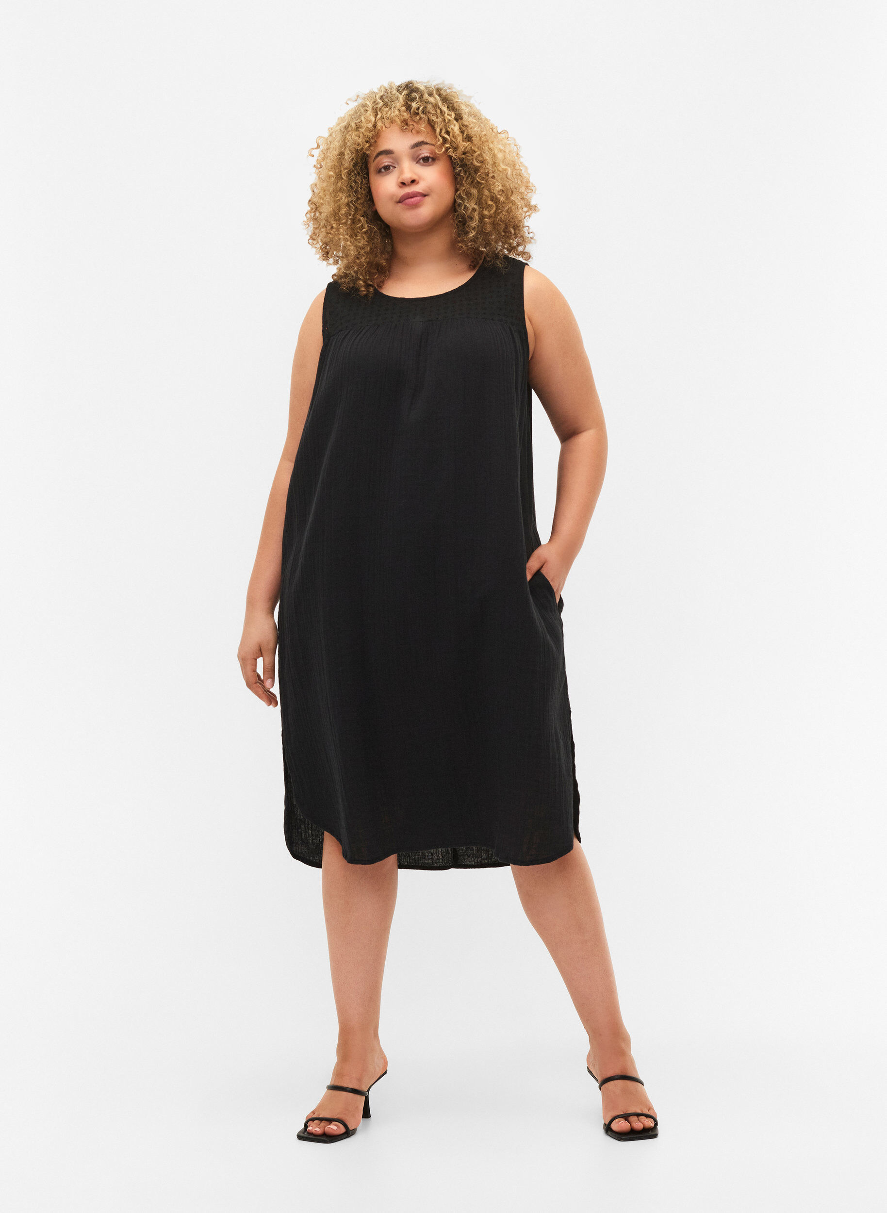 Zizzi Mouwloze midi-jurk van katoen, Black, Model image number 2