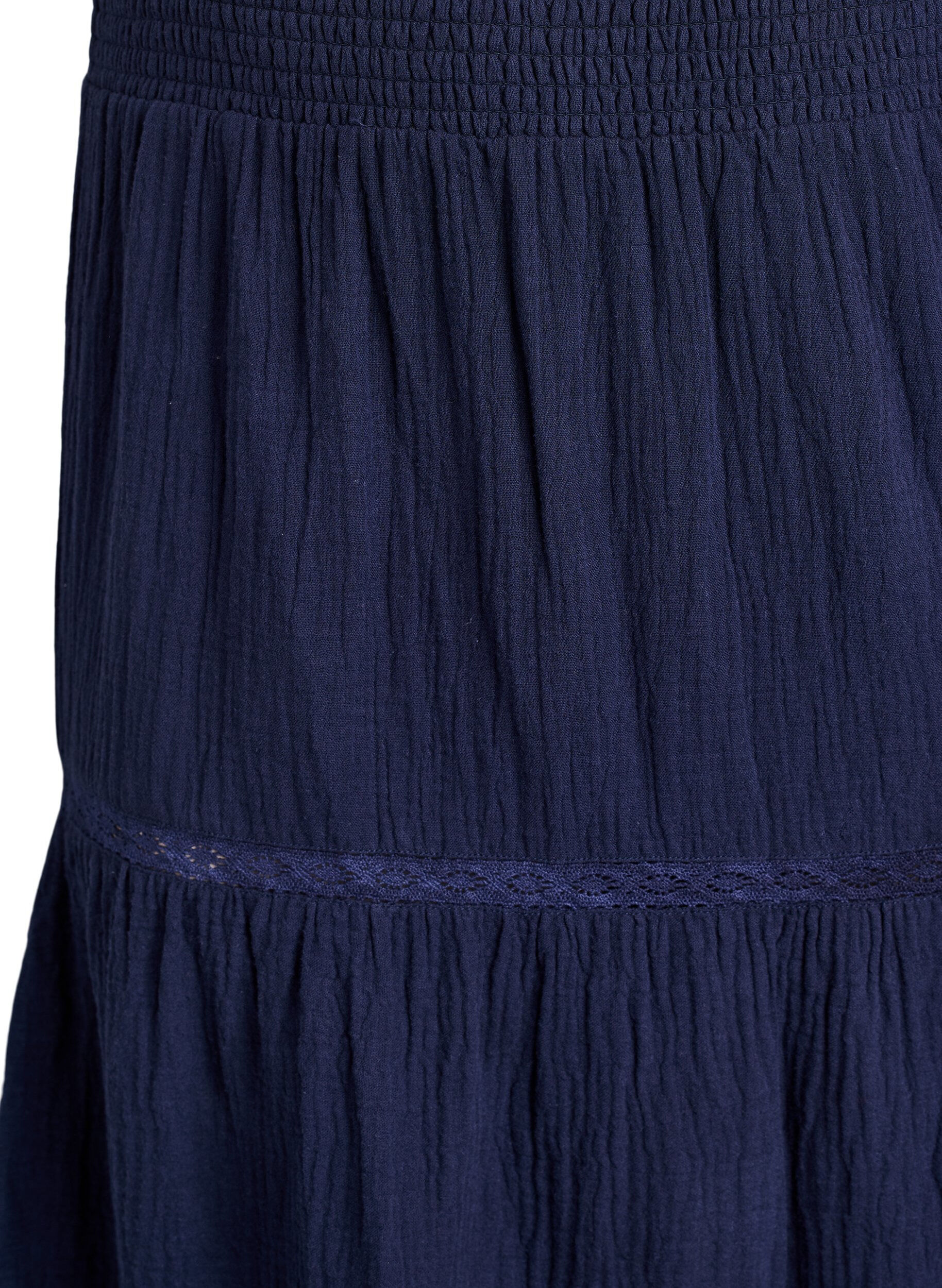 ZizziA-line midi skirt in cotton muslin with crochet band, Blauw, Packshot image number 2