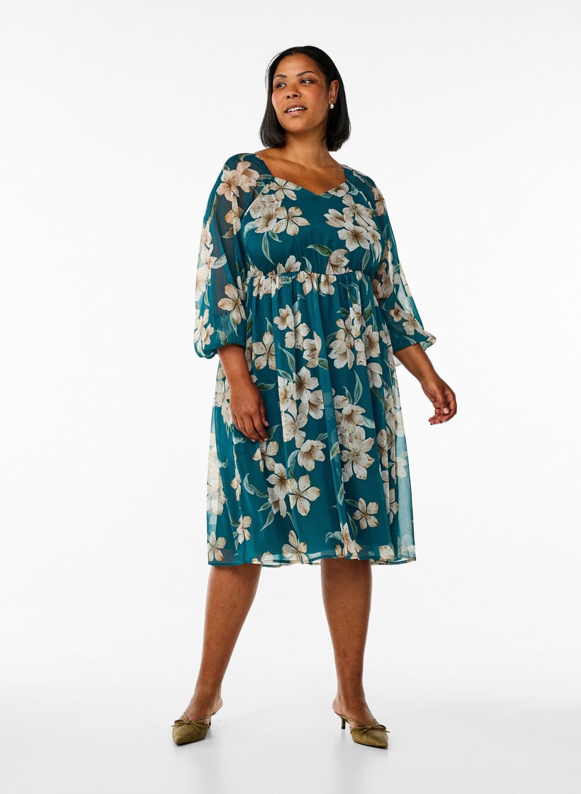 Chiffon feestjurk met lange mouwen, Groen, Model image number 1