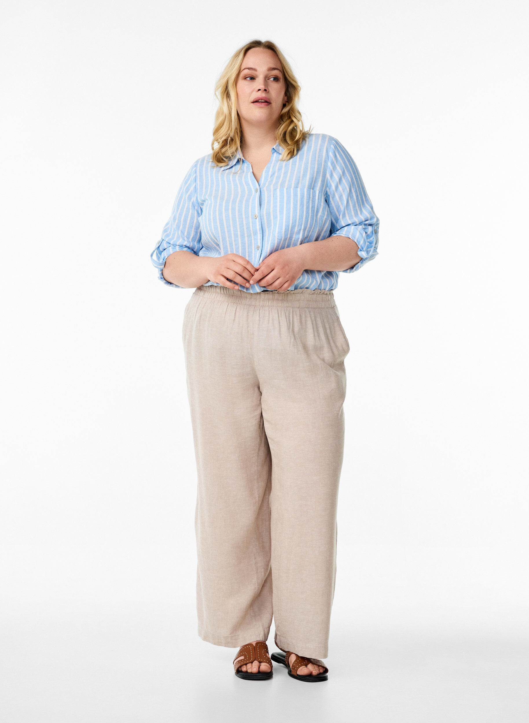 ZizziLinnen en viscose shirt met 3/4 mouwen, Blauw, Model image number 1