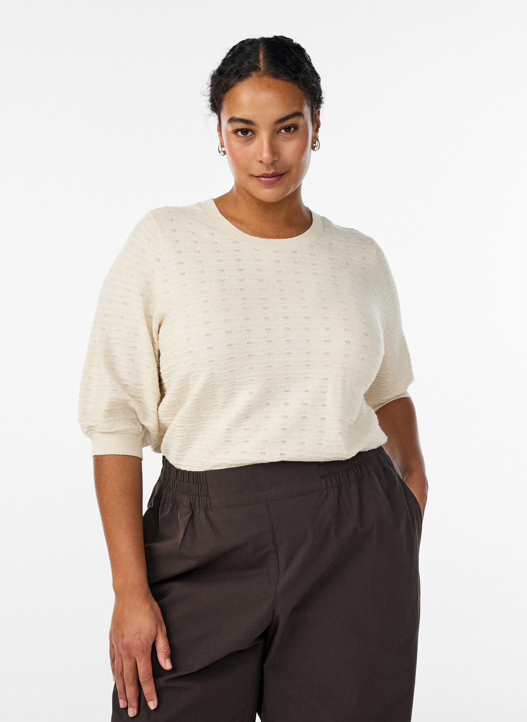Zizzi Gebreide blouse met structuurpatroon en korte mouwen, Beige, Model image number 0
