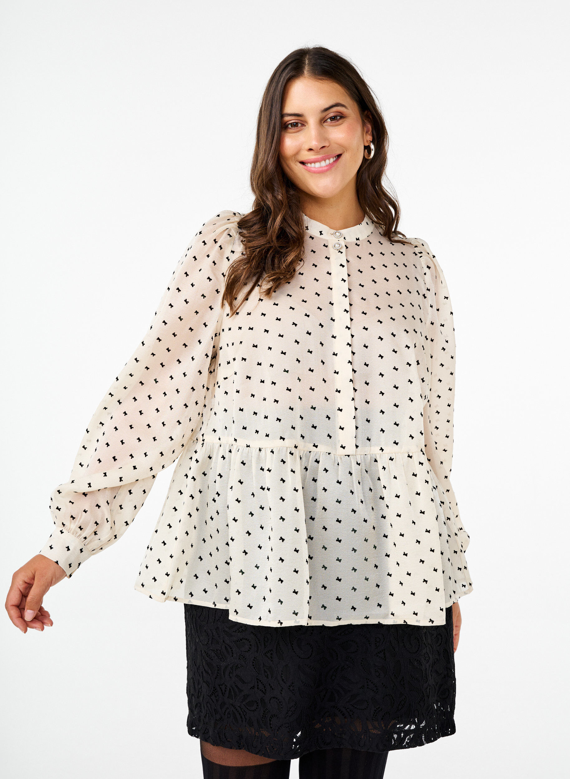 Zizzi Blouse met peplum en strikjes, Ecru w Bow, Model image number 0