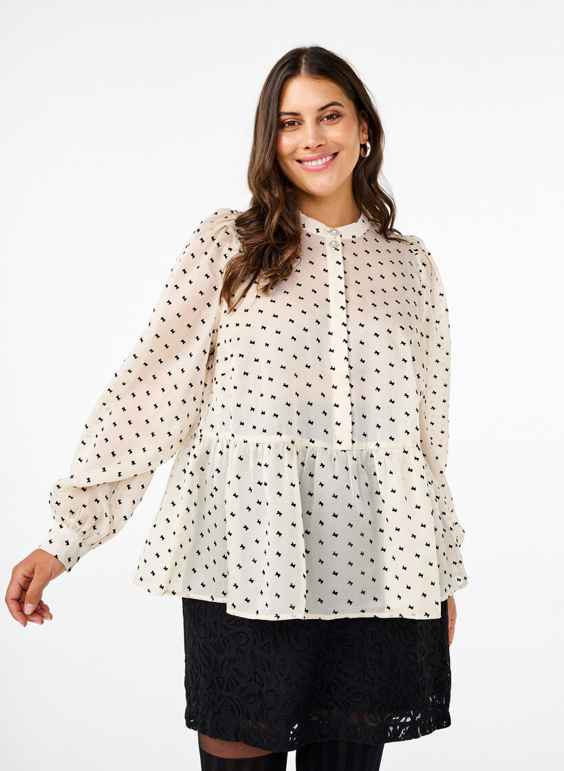 Blouse met peplum en strikjes, Ecru w Bow, Model image number 0
