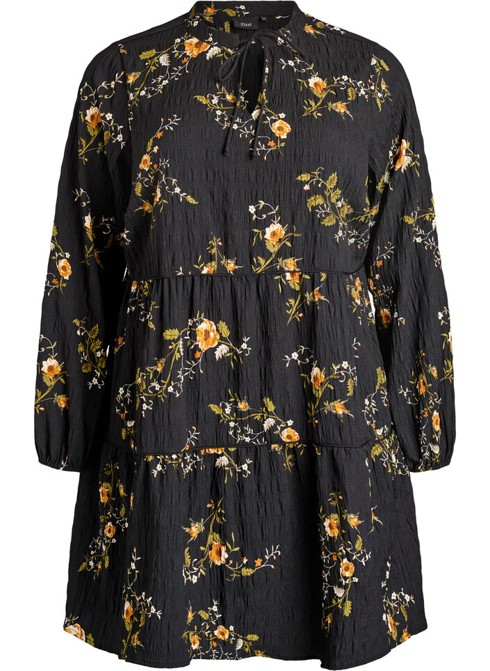 Jurk met bloemenprint en striksluiting, Zwart, Packshot image number 0