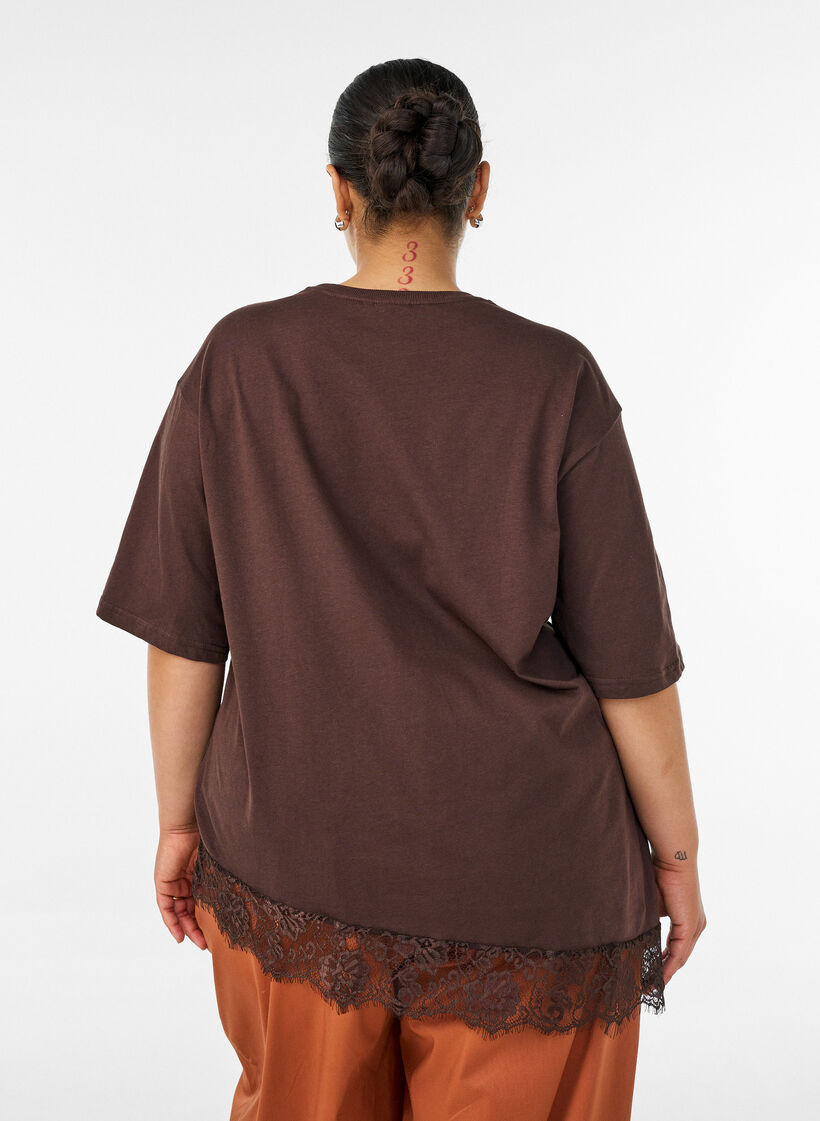 T-shirt met asymmetrische kanten zoom, Bruin, Model image number 2
