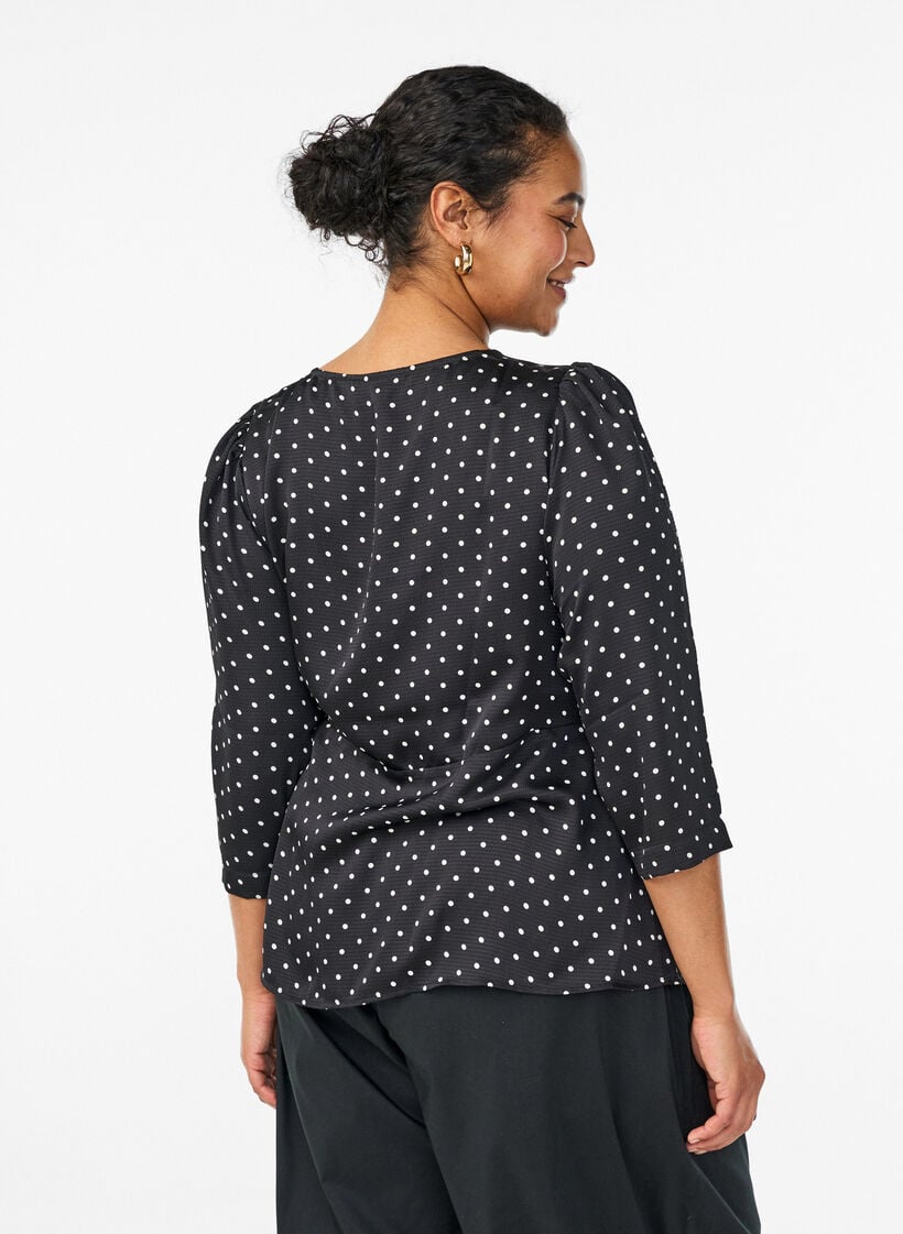 Blouse met stippen, striksluiting en 3/4-mouwen, Zwart, Model image number 2
