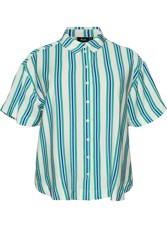 Gestreepte viscose shirt met korte mouwen, Vanille, Packshot image number 0