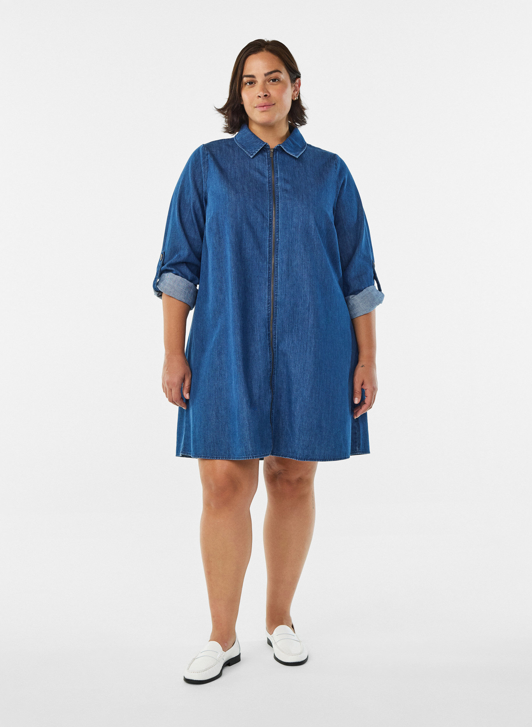 Zizzi Korte denim jurk met rits, Blauw, Model image number 1