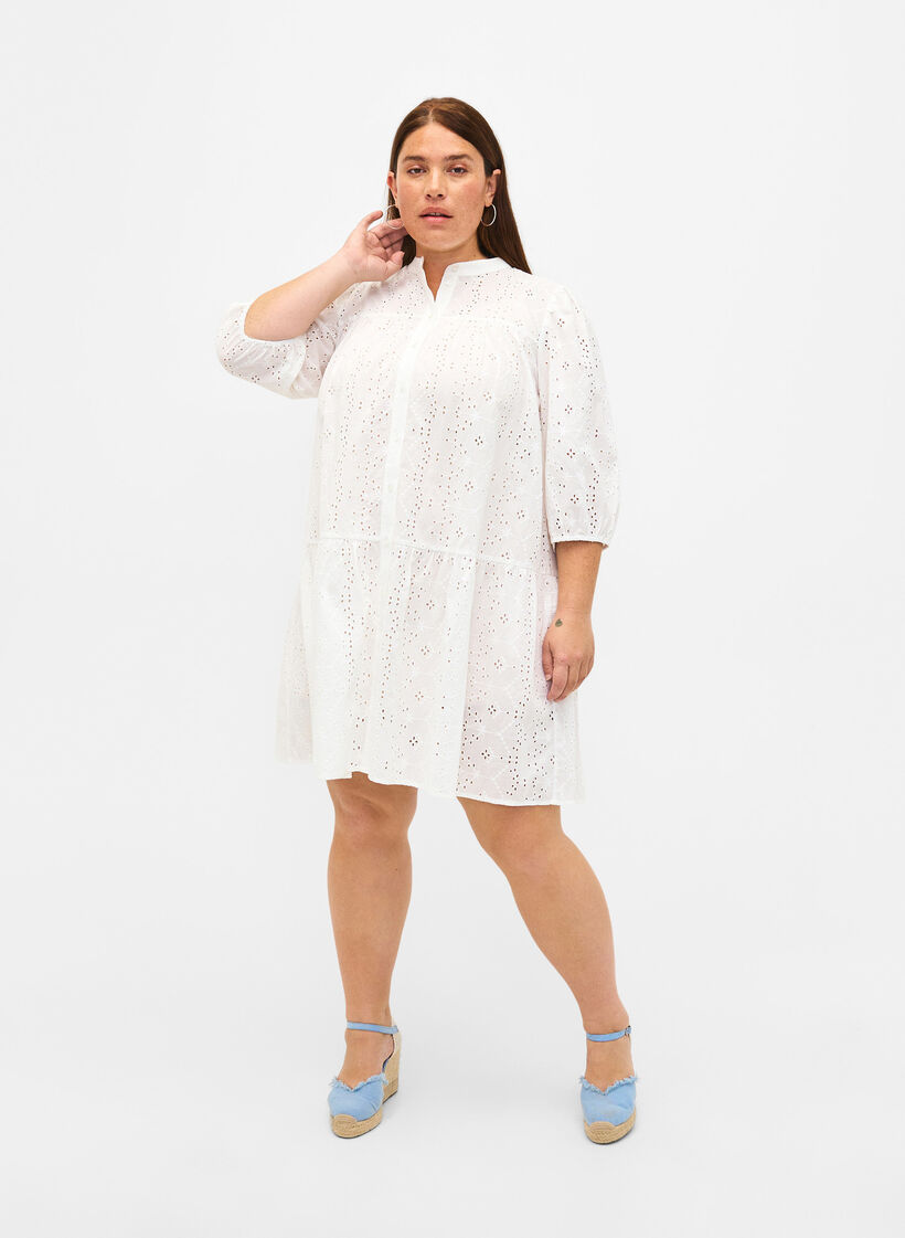 Overhemdjurk van katoen met broderie anglaise, Bright White, Model image number 2