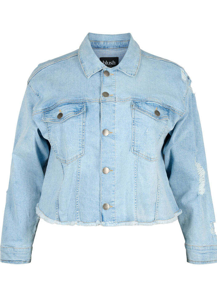 Kort spijkerjasje met distressing details, Light Blue Denim, Packshot image number 0