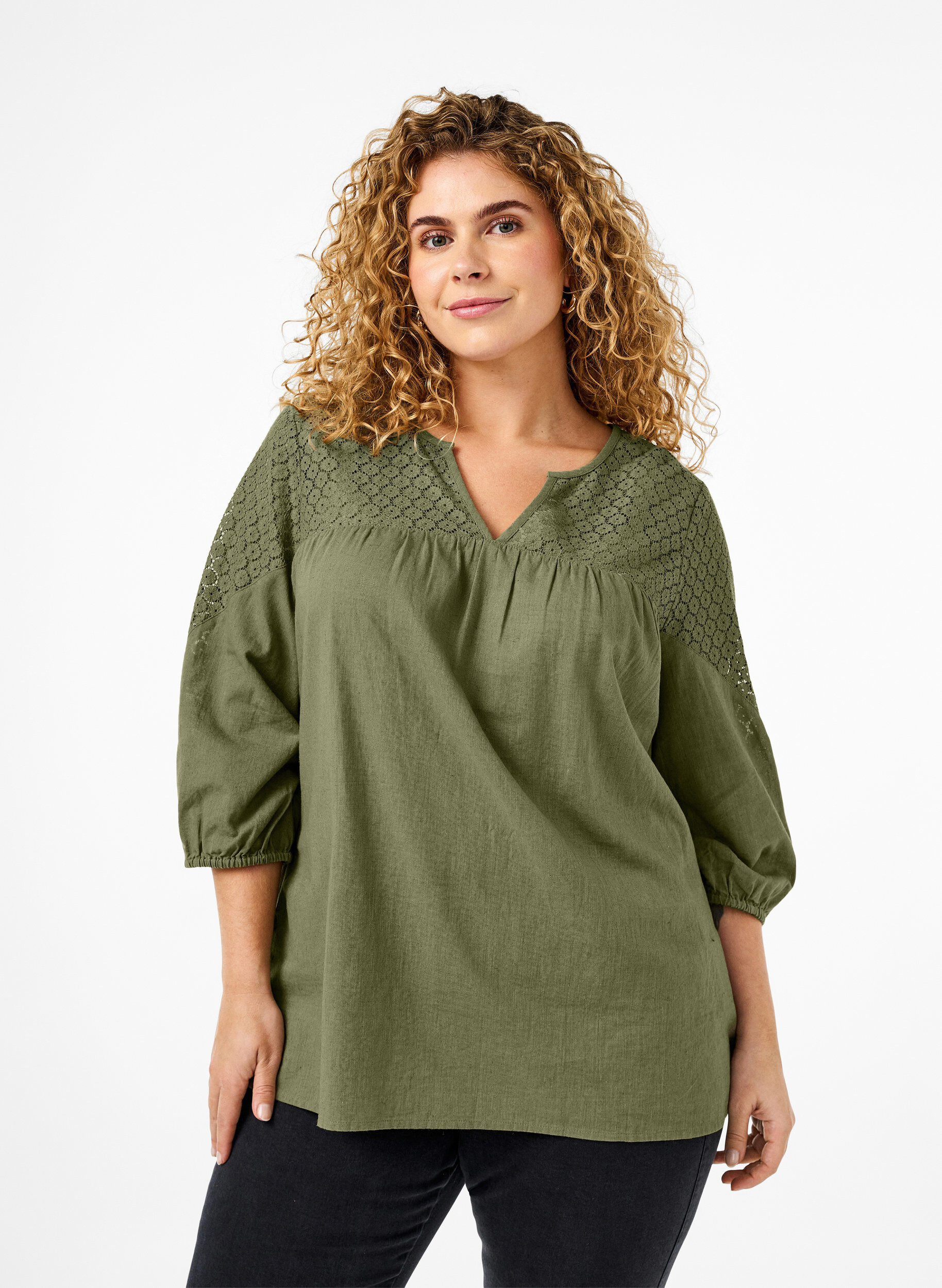Zizzi Blouse van katoenmix met linnen en gehaakt detail, Deep Lichen Green, Model image number 0