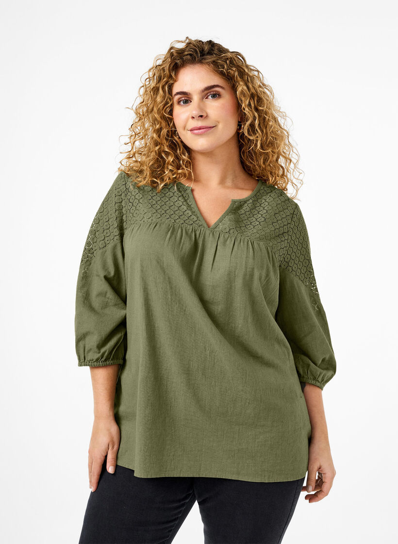 Blouse van katoenmix met linnen en gehaakt detail, Deep Lichen Green, Model image number 0