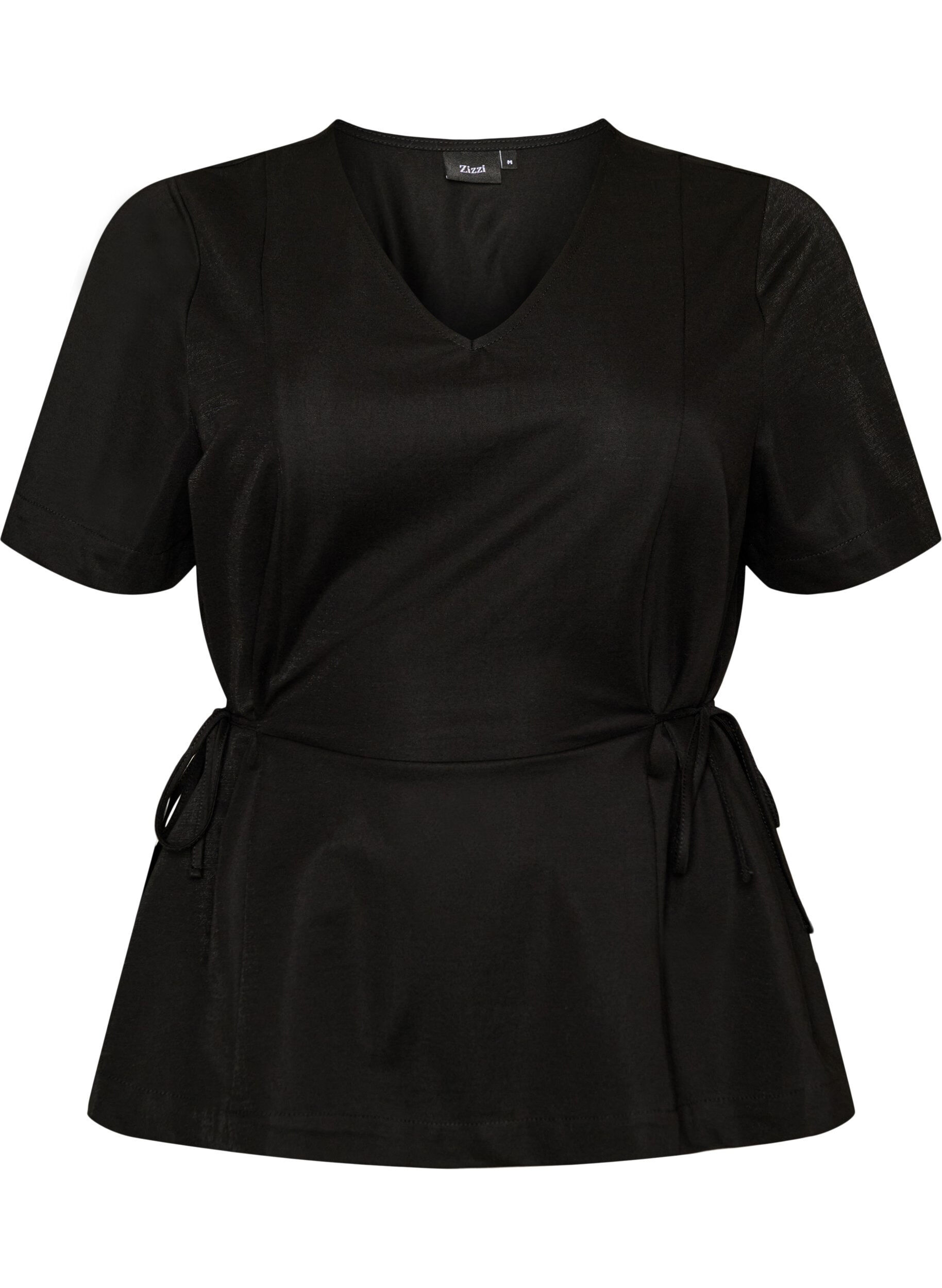 ZizziBlouse in een katoenmix met V-hals en striklint, Zwart, Packshot image number 0