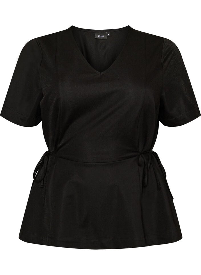 Blouse in een katoenmix met V-hals en striklint, Zwart, Packshot image number 0
