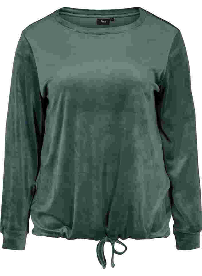 Velours top met lange mouwen en strikje, Balsam Green, Packshot image number 0