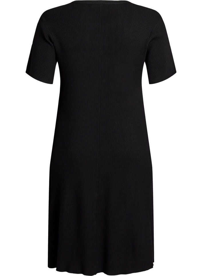 Jurk met korte mouwen en geribde stof met decoratieve knopen, Zwart, Packshot