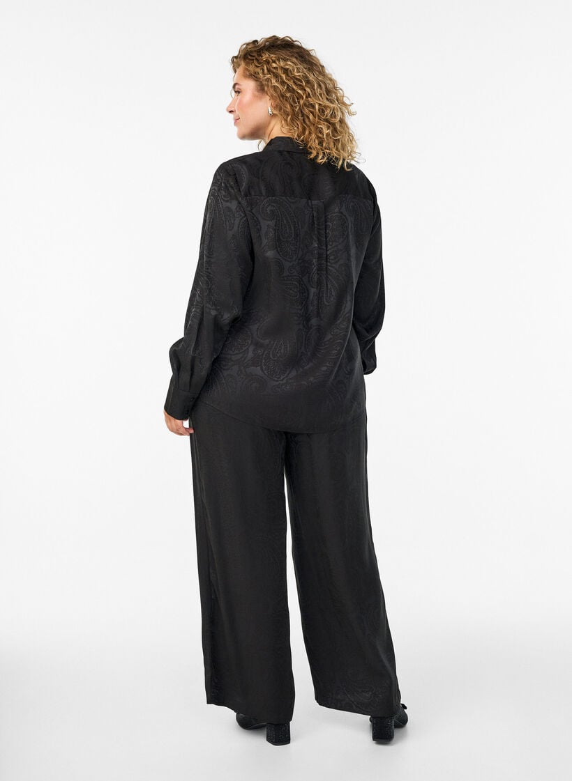 Losse broek met paisleypatroon en hoge taille, Zwart, Model image number 1