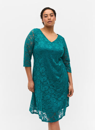 Kanten jurk met 3/4 mouwen, Quetzal Green, Model image number 0