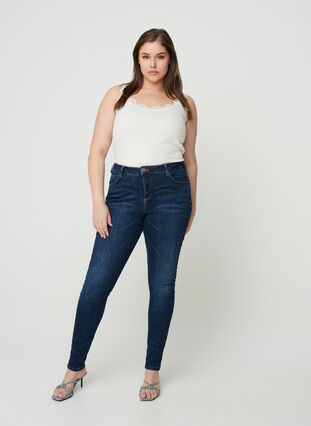 Super slim fit Amy jeans met hoge taille, Dark Blue, Model image number 0