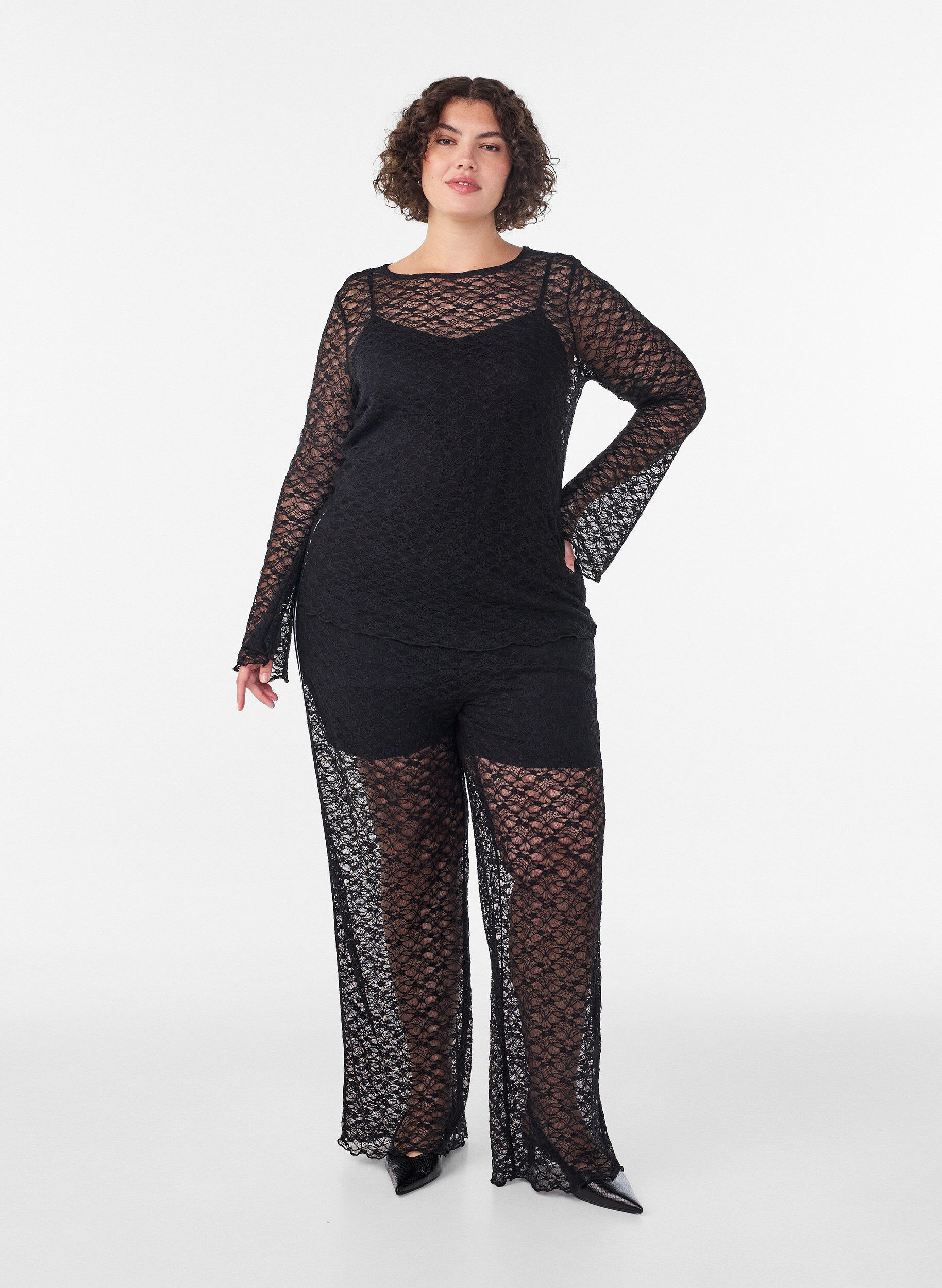 ZizziBlouse met lange mouwen van doorschijnend kant, Zwart, Model image number 1
