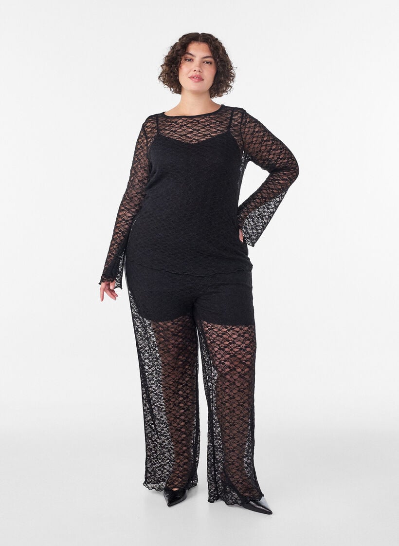 Blouse met lange mouwen van doorschijnend kant, Zwart, Model image number 1