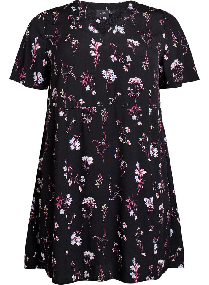Korte jurk met bloemenprint, Zwart, Packshot image number 0