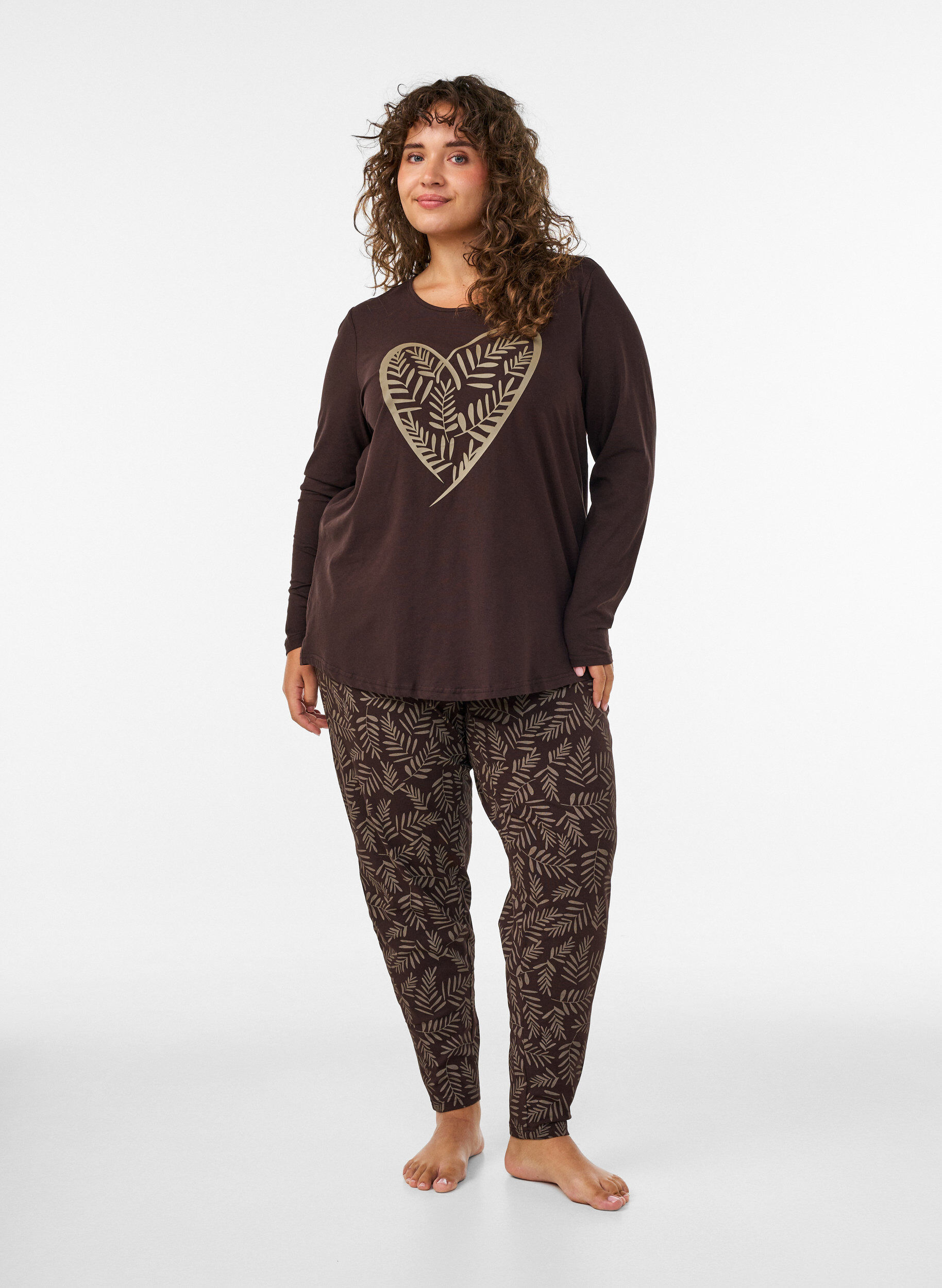 ZizziKatoenen pyjamabroek met print, Bruin, Model image number 1