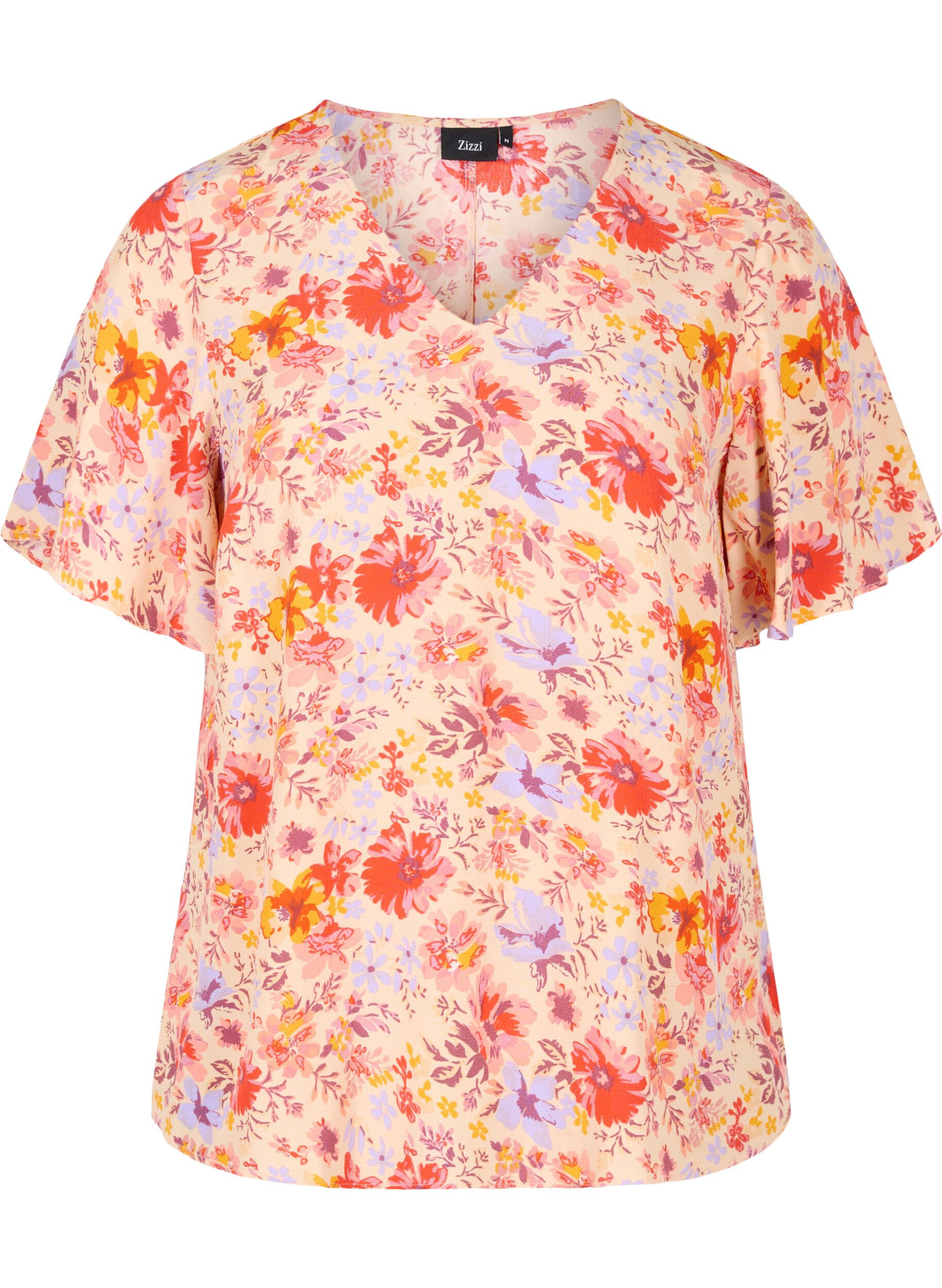 Zizzi Viscose top met korte mouwen en bloemenprint, Red Orange AOP, Packshot image number 0