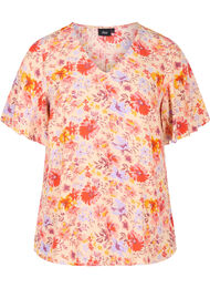 Viscose top met korte mouwen en bloemenprint, Red Orange AOP