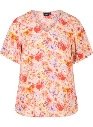 Viscose top met korte mouwen en bloemenprint, Red Orange AOP, Packshot image number 0