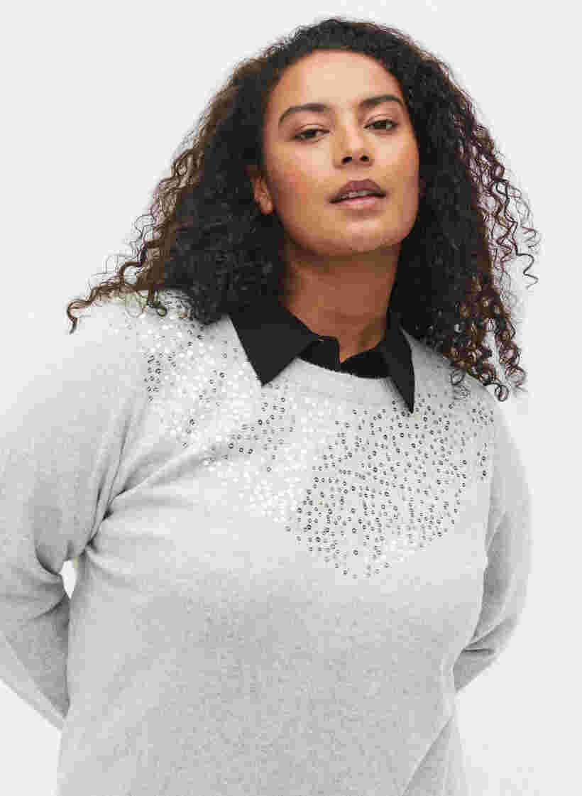 Gemêleerd gebreide blouse met pailletten, Light Grey Melange, Model image number 2