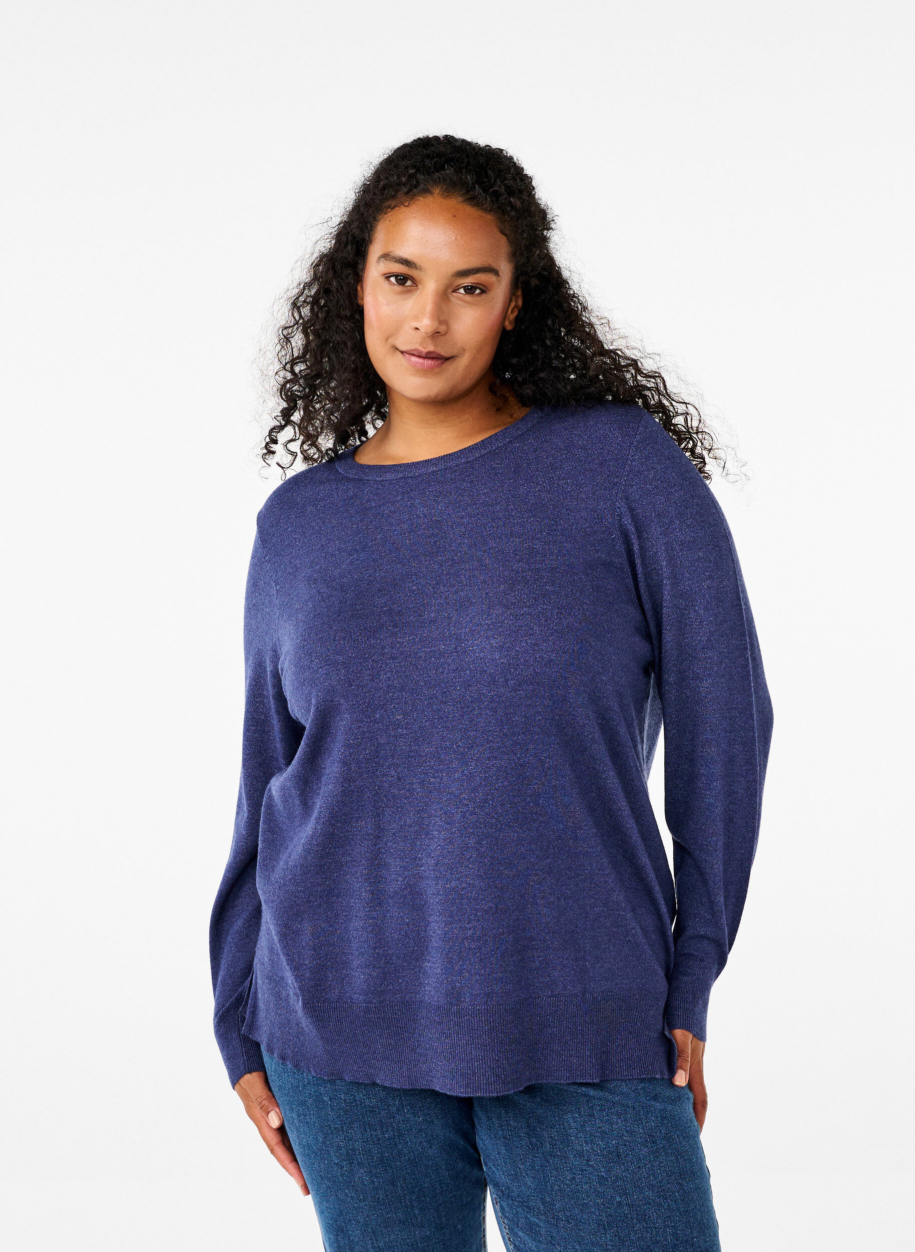 Zizzi Gebreide blouse met lange mouwen en een spleet, Blauw, Model image number 0