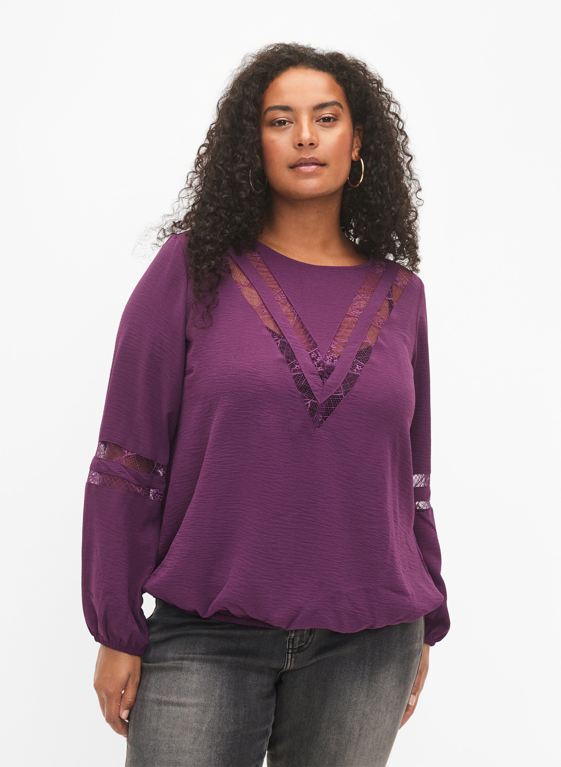 Zizzi Blouse met lange mouwen en kant, Deep Purple, Model image number 0